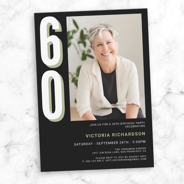 Invitation Simple moderne 60e anniversaire (Simple Modern Custom Photo 60th Birthday Invitation)