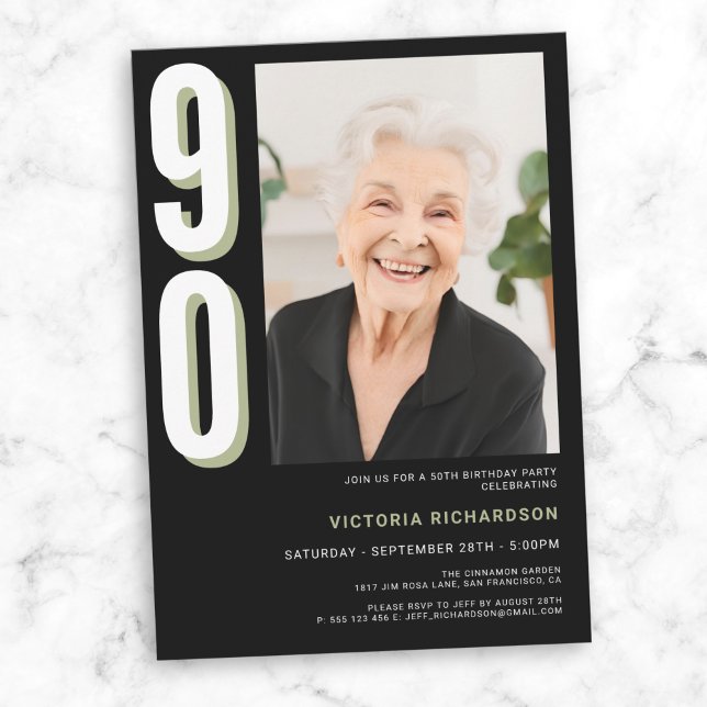 Invitation Simple moderne 90e anniversaire (Simple Modern Custom Photo 90th Birthday Invitation)