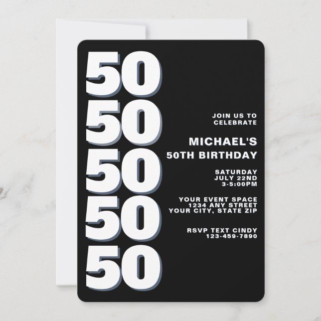 Invitation Simple Moderne Anniversaire 50 Ans Noir et Blanc (Devant)