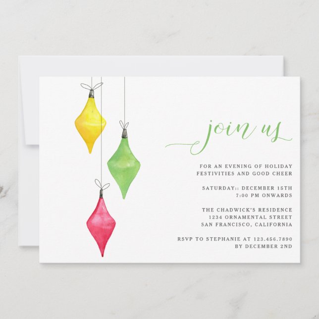 Invitation Simple moderne Aquarelle Ornements Noël (Devant)