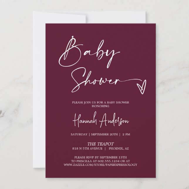 Invitation Simple moderne Baby shower Bourgogne QR Code Photo (Devant)