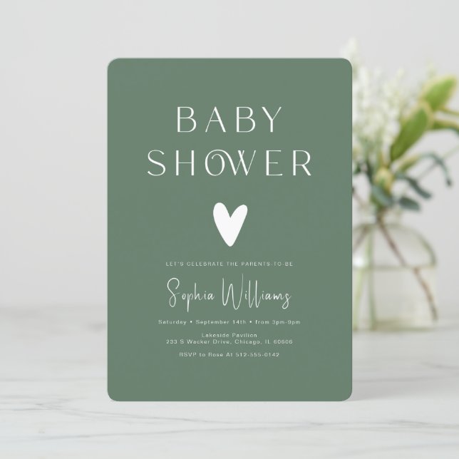 Invitation Simple Moderne Baby Shower Vert Sauge (Debout devant)