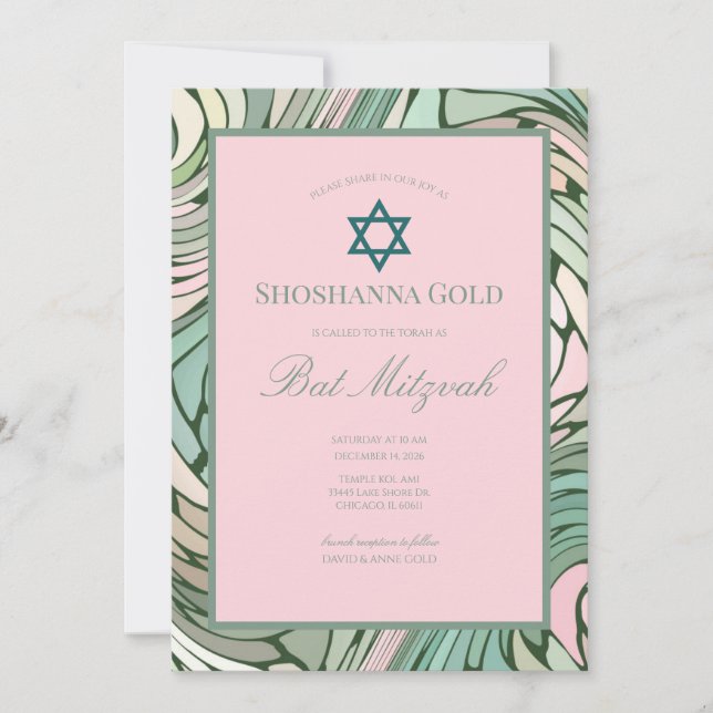 Invitation Simple Moderne Bat Mitzvah Rose et Vert (Devant)