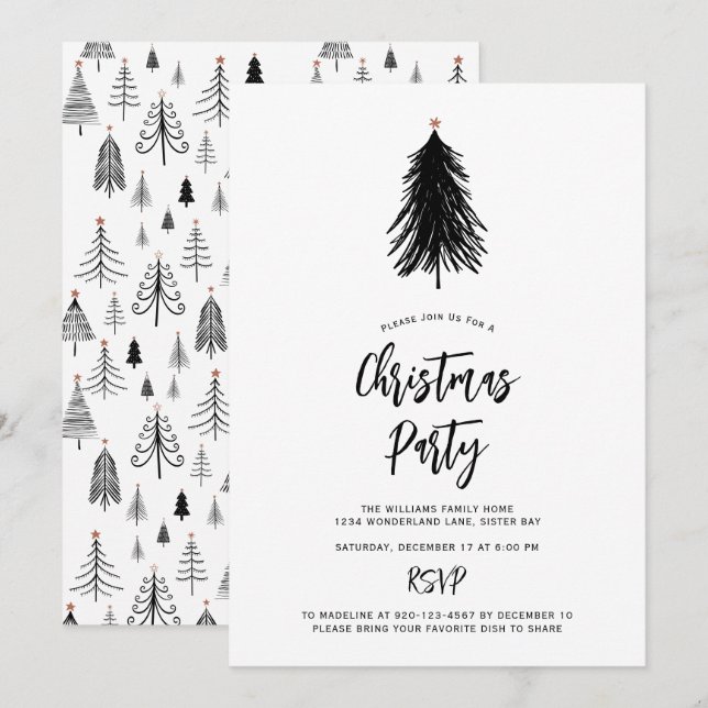 Invitation Simple moderne Black White Christmas Tree Party (Devant / Derrière)