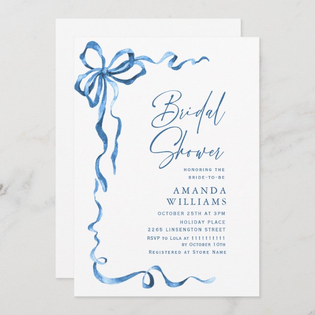Invitation Simple Moderne Bleu Main Tirée Bow Bridal Brunch (Devant / Derrière)
