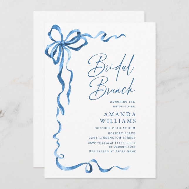 Invitation Simple Moderne Bleu Main Tirée Bow Bridal Brunch (Devant / Derrière)