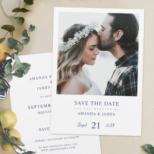 Invitation Simple moderne Blue Photo Wedding Enregistrer la d