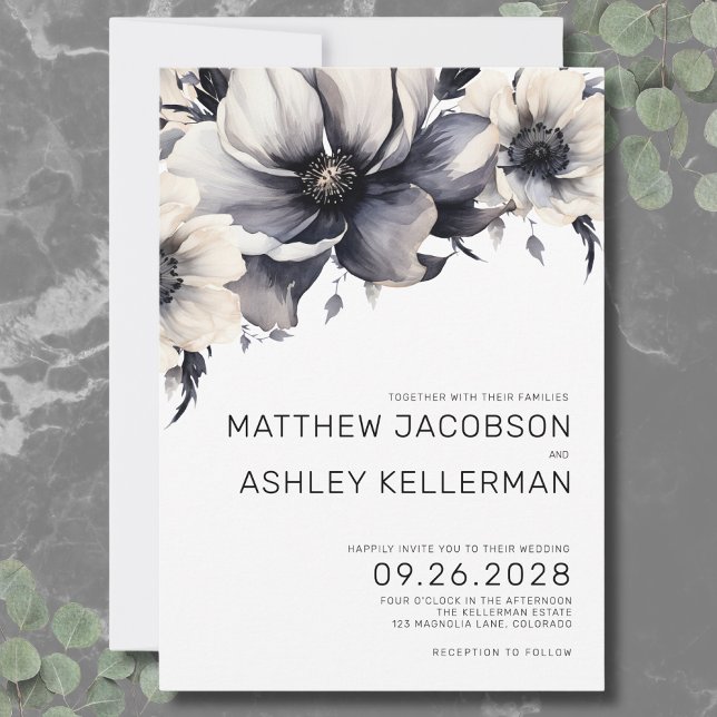 Invitation Simple moderne Boho Floral noir blanc Mariage (Modern Boho Floral Black White Wedding Invitation)