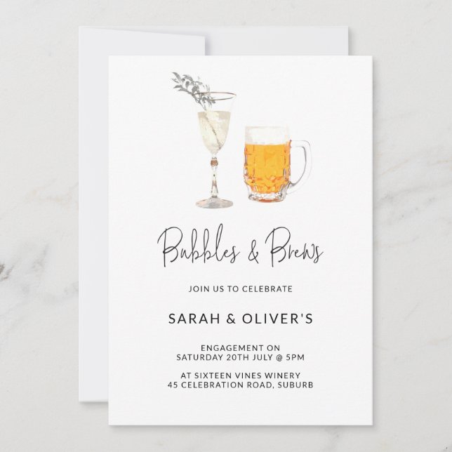 Invitation Simple Moderne Bubbles & Brews Fiançailles Photo I (Devant)