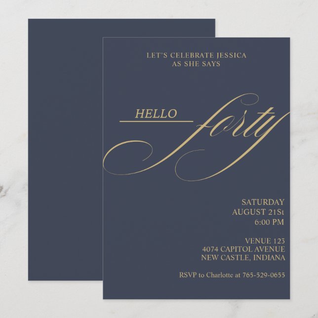 Invitation Simple Moderne Calligraphie Quarante 40e Fête d'An (Devant / Derrière)