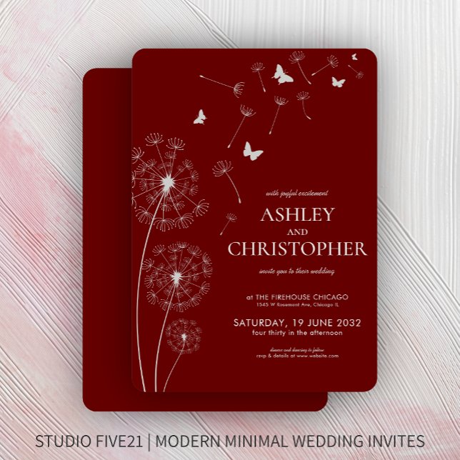 Invitation Simple moderne Crimson rouge Mariage Dandelion (Créateur téléchargé)