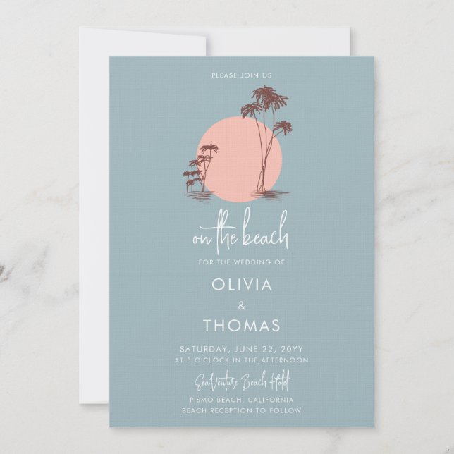 Invitation Simple moderne Dusty Blue Palm Trees Beach Wedding (Devant)
