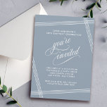 Invitation Simple moderne élégant Dusty Blue fête d'anniversa<br><div class="desc">Simple et élégant, avec une touche contemporaine, cette Invitation de fête d'anniversaire présente des lignes blanches en angle encadrant votre texte sur un arrière - plan bleu poussiéreux et branché. Le texte "Vous êtes invité" dans de beaux textes fleuris est intentionnellement mis en vedette pour que vos invités se sentent...</div>