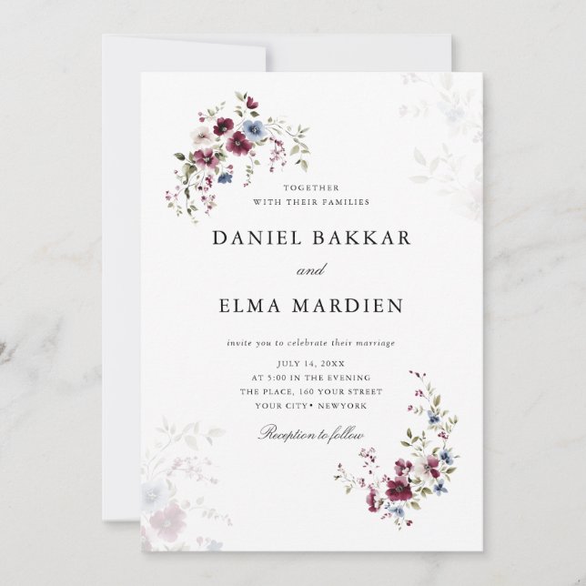 Invitation Simple moderne élégant Mariage floral Boho Bourgog (Devant)