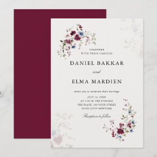 Invitation Simple moderne élégant Mariage floral Boho Bourgog