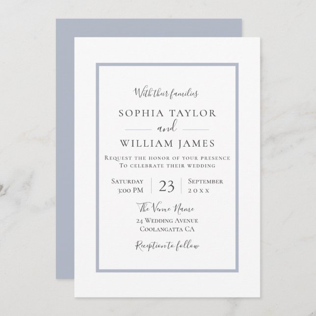 Invitation Simple Moderne Élégante Bordure Bleue Mariage Scri (Devant / Derrière)