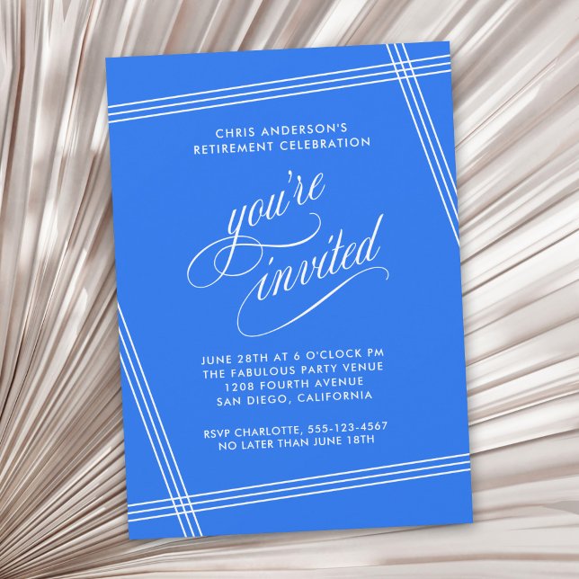 Invitation Simple Moderne Fête de Retraite Bleu Cobalt (Available as printed and paperless digital download!)