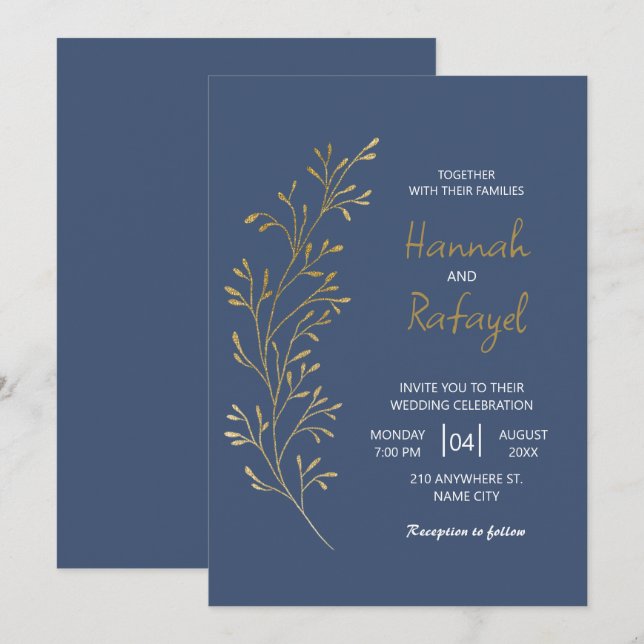 Invitation Simple Moderne Feuille D'or Bleue Mariage (Devant / Derrière)