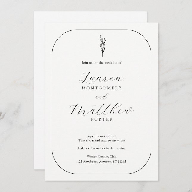 Invitation Simple moderne Floral noir et blanc Mariage (Devant / Derrière)