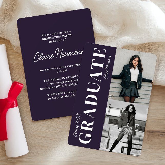 Invitation Simple moderne foncé violet photo fête de graduati (Créateur téléchargé)