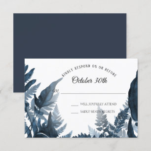 Invitation Simple Moderne Forêt Fougère Bleu et Blanc RSVP