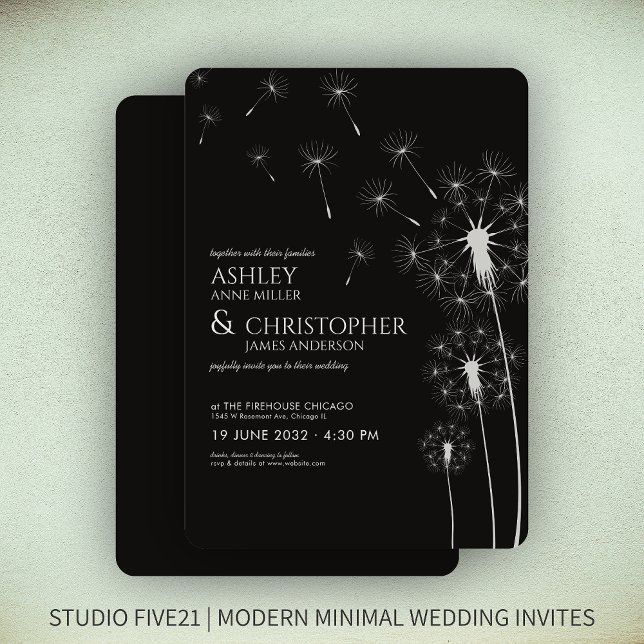 Invitation Simple moderne Fumée Mariage noir Dandelion (Créateur téléchargé)