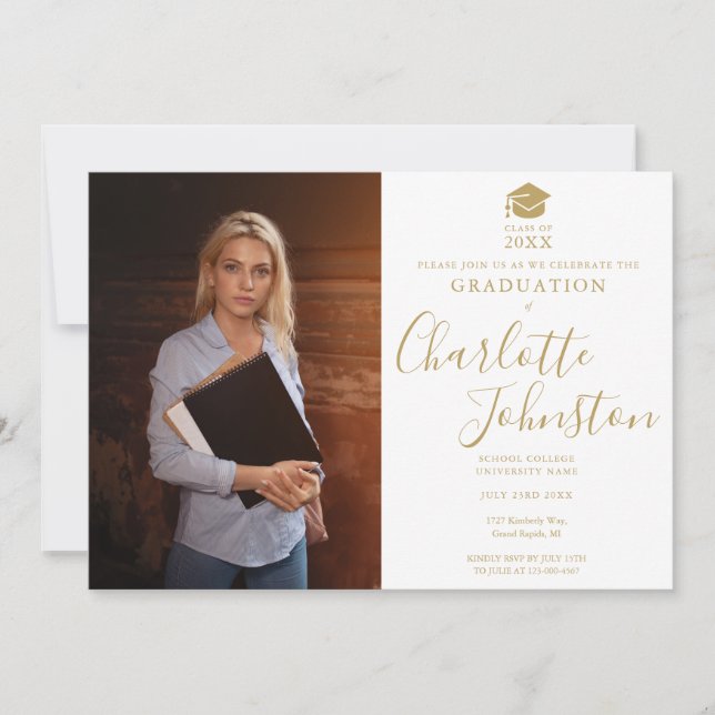 Invitation Simple moderne Gold Script Graduation Party Photo (Devant)