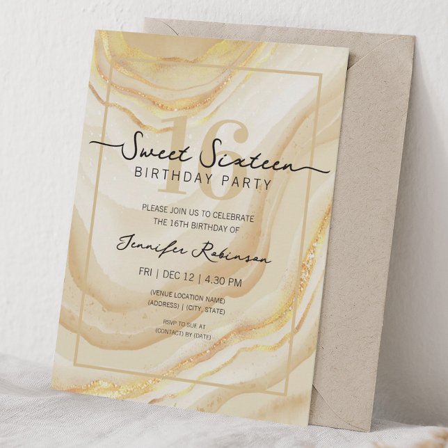 Invitation Simple Moderne Marbre Douce 16 Seize Fête Or (Simple Modern Marble Sweet 16 Sixteen Party Gold Invitation)
