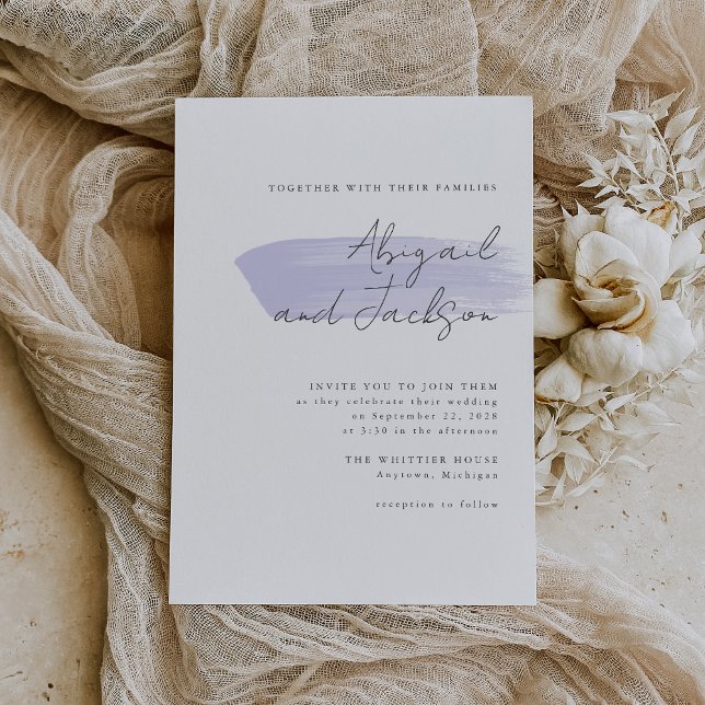 Invitation Simple Moderne Mariage à Traits de Pinceau Lilas (A simple, modern invitation for a wedding with a lilac or lavender color palette.)