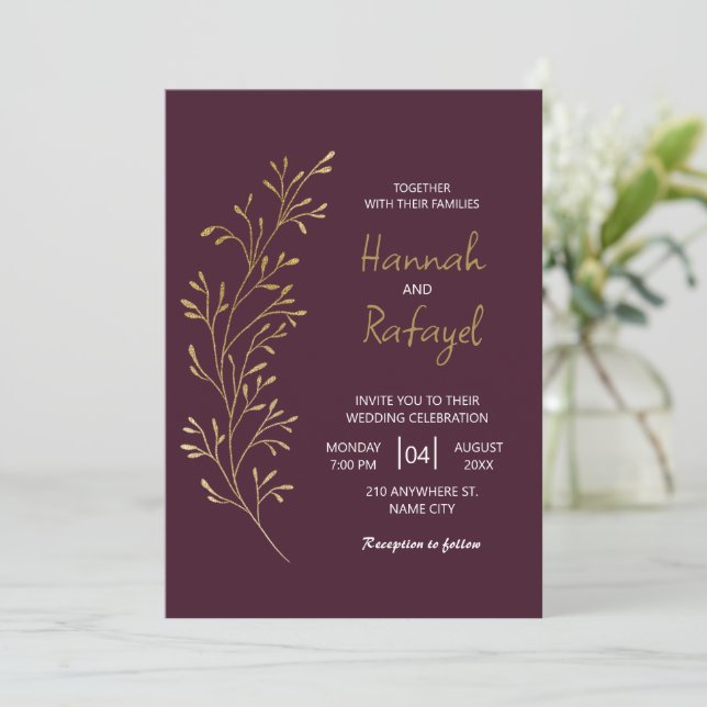 Invitation Simple Moderne Mariage Bourguignon Feuille D'or (Debout devant)
