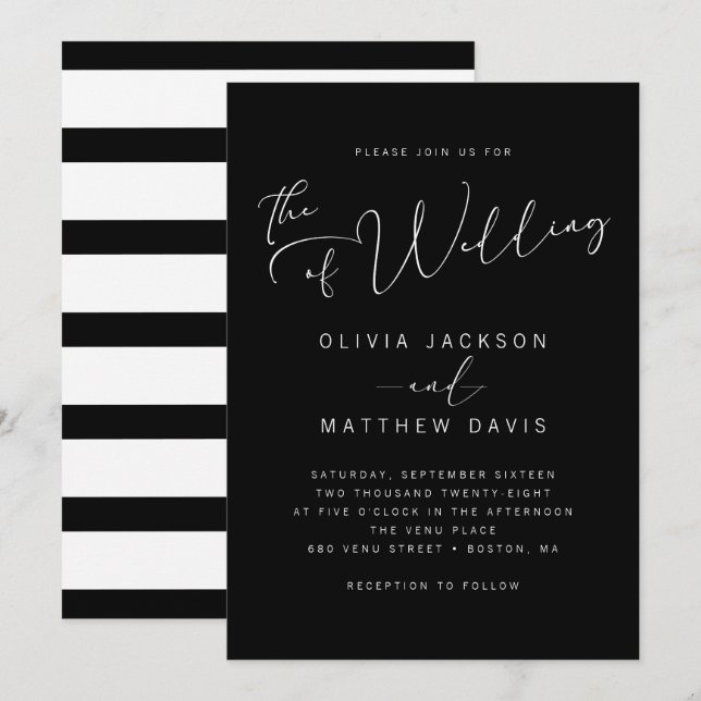 Invitation Simple Moderne Mariage Calligraphié Noir et Blanc (Devant / Derrière)