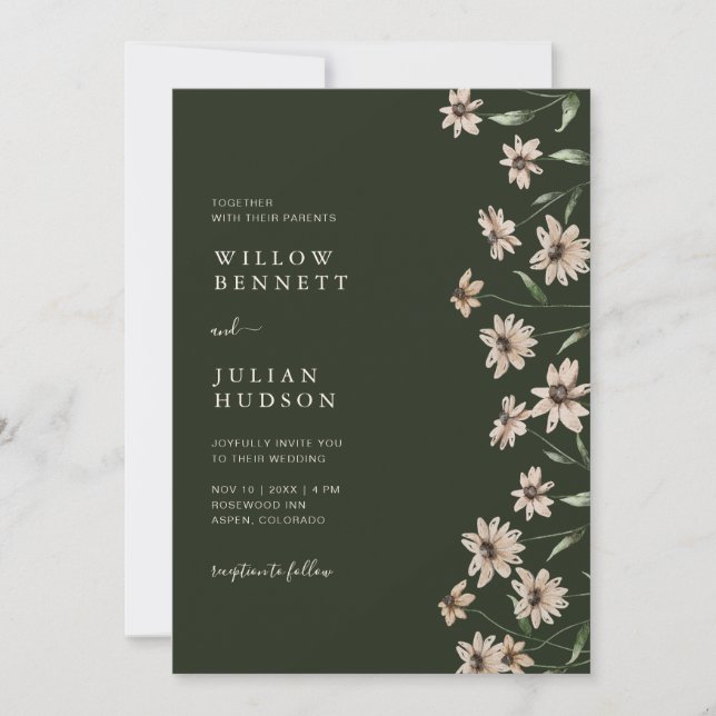 Invitation Simple Moderne Mariage Floral Vert (Devant)