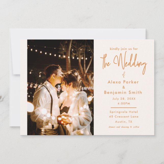 Invitation Simple Moderne Mariage Photo Beige (Devant)