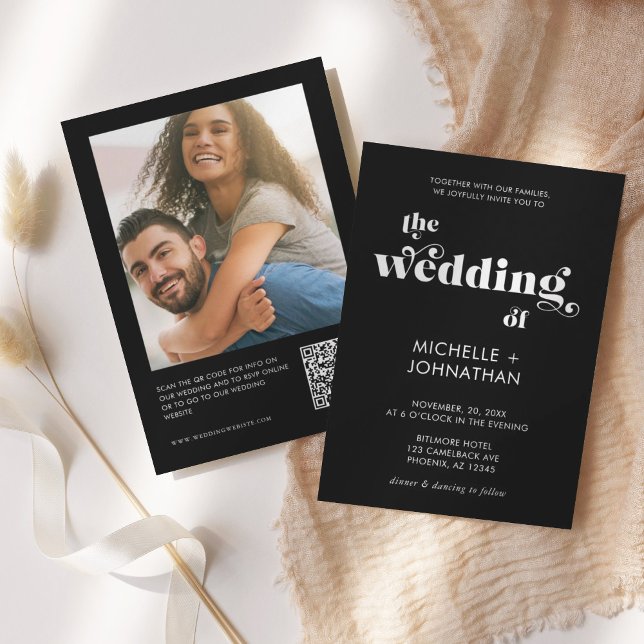 Invitation Simple Moderne Mariage QR Photo Noir & Blanc (Créateur téléchargé)