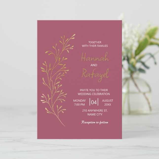 Invitation Simple Moderne Mariage Rose Feuille D'or (Debout devant)