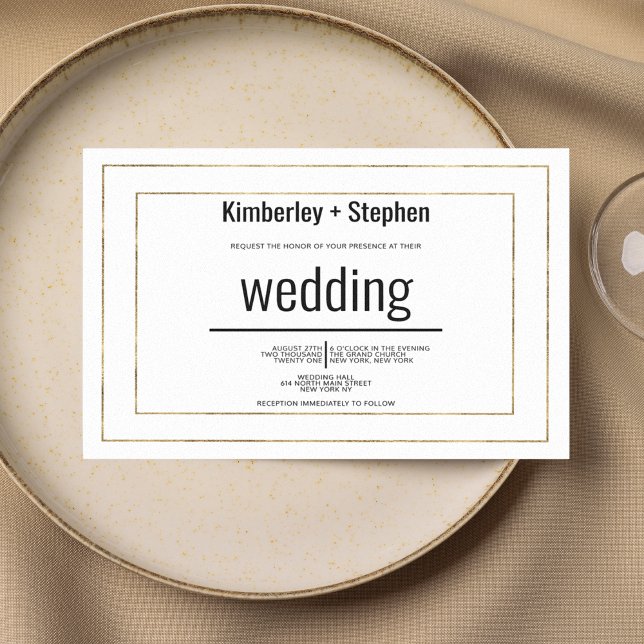 Invitation Simple moderne mariage typographie noir blanc or (Simple modern black white gold typography wedding )