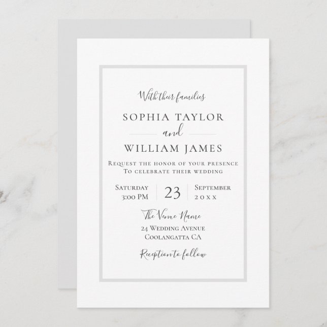 Invitation Simple moderne noir blanc gris Mariage de script (Devant / Derrière)