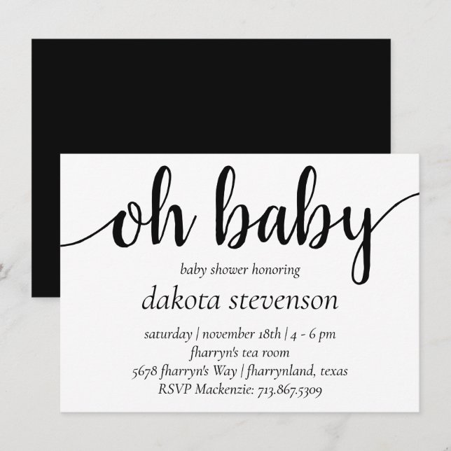 Invitation Simple moderne Oh Baby | Flourish Script Douche (Devant / Derrière)