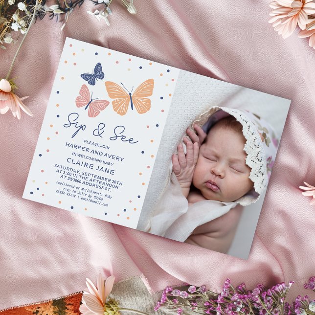 Invitation Simple moderne Papillon photo Sip et voir (Modern and simple design featuring butterflies and elegant typography.)