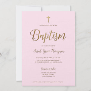 Invitation Simple moderne Pink Gold Cross bébé Fille Baptême