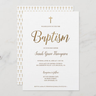 Invitation Simple moderne Pure White Gold Cross Girl Baptism