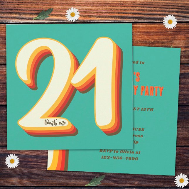 Invitation Simple Moderne Rétro Groovy 21e Anniversaire (Front and Back)
