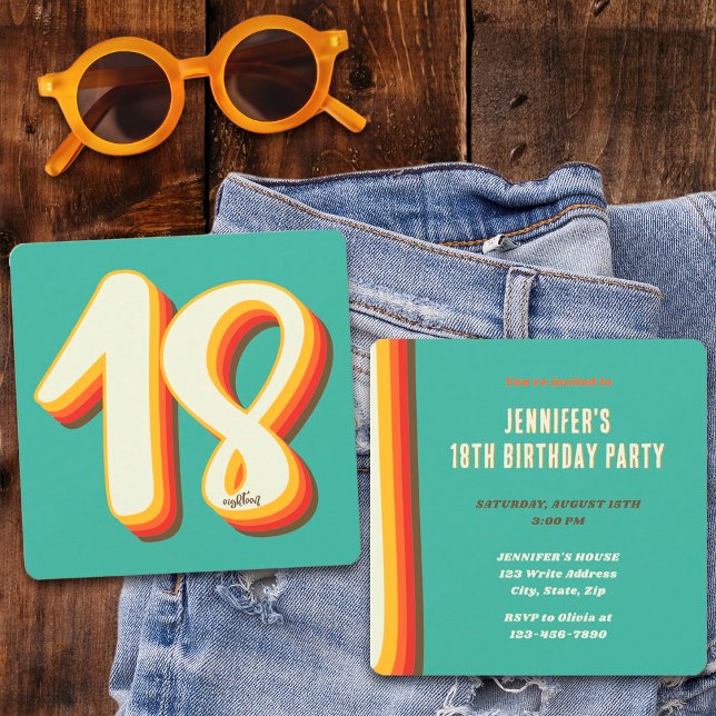 Invitation Simple Moderne Rétro Groovy Dix-Huitième Anniversa (Front and Back)
