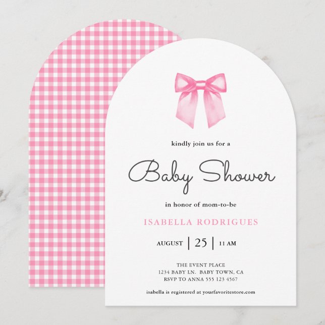 Invitation Simple Moderne Rose avec Nœud pour Baby (Devant / Derrière)