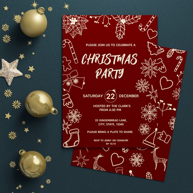 Invitation Simple moderne rouge foncé et or élégant fête de N (Simple Modern Dark Red and Gold Elegant Xmas Party Invitation)