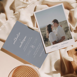 Invitation Simple moderne Script Dusty Blue Photo Mariage