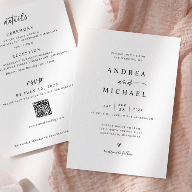 Invitation Simple Moderne Tout en Un Mariage au Cœur Dessiné  (Simple Modern All in One wedding invitations with details on the back)