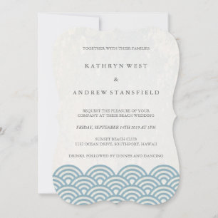 Invitation Simple moderne Vagues Bleu + Blanc Plage Mariage