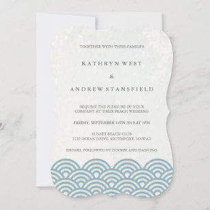 Invitation Simple moderne Vagues Bleu + Blanc Plage Mariage
