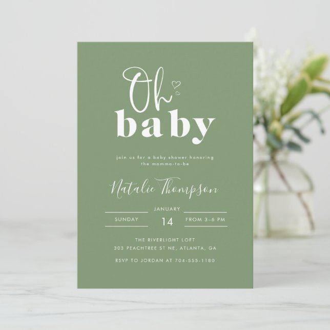 Invitation Simple Moderne Vert Sauge Oh Baby Shower (Debout devant)